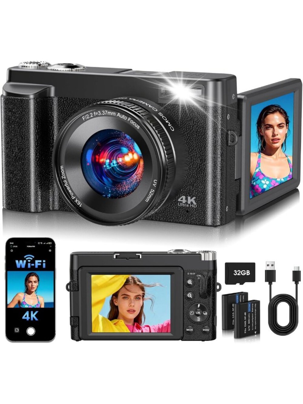 64MP 4K Digital Camera with WiFi, 180° Flip Screen & Autofocus - Perfect for
